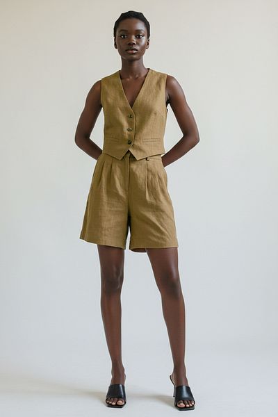 Trendyol Collection Khaki Wysoki stan Lniany wygląd Szerokie nogawki Szorty i Bermudy Twoss25Sr00029