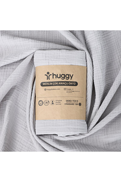 Huggy Gray Muslin Blanket 100X130 – 4 Layers 100% Cotton Baby Swaddle Cover
