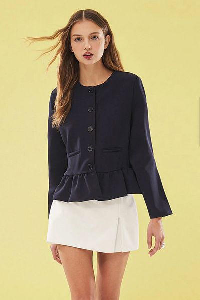 Trendyol Collection Μπλε Navy Balloon Λεπτομερές σακάκι με λαιμόκοψη ποδηλάτου TWOSS25BC00023