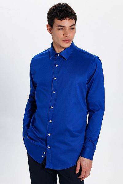 Tudors Синя мъжка риза Slim Fit с дълъг ръкав Premium Series Cotton Lycra Saks