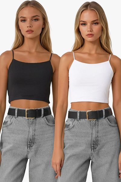 Trend Alaçatı Stili Women's Black-White Rope Strap Basic Crop Blouse 2 Piece Set Alc-X13881