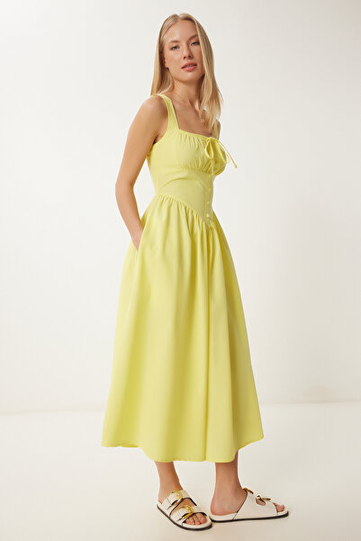 Happiness İstanbul Kadın Sarı Korse Görünümlü Poplin Midi Elbise UB00316