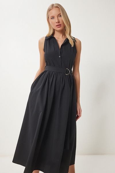 Happiness İstanbul Schwarzes Popeline-Midi-Hemdkleid mit Gürtel für Damen UB00354
