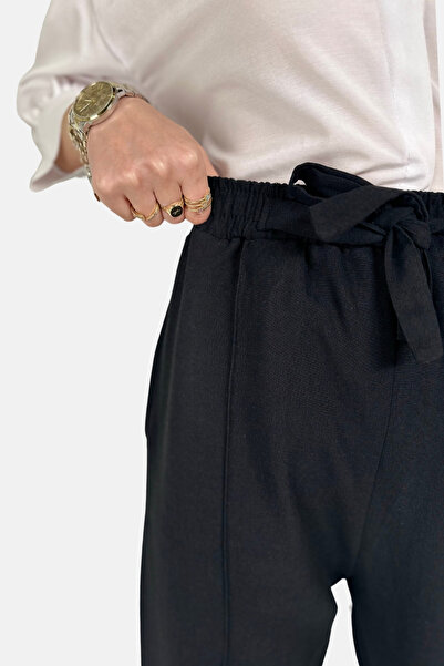 Trend Alaçatı Stili Dámské černé plátěné kalhoty Palazzo s vysokým pasem a dvojitou kapsou vpředu ALC-X13775