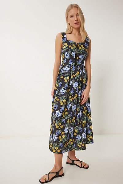 Happiness İstanbul Rochie midi din popelin cu fermoar cu imprimeu floral, negru, albastru, UB00352