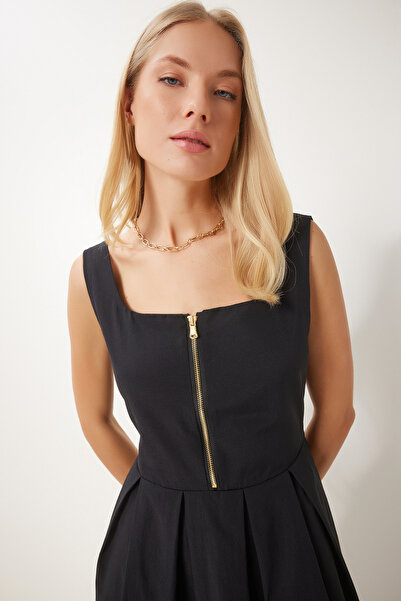 Happiness İstanbul Dámské černé šaty na zip s detailním midi poplínem UB00340