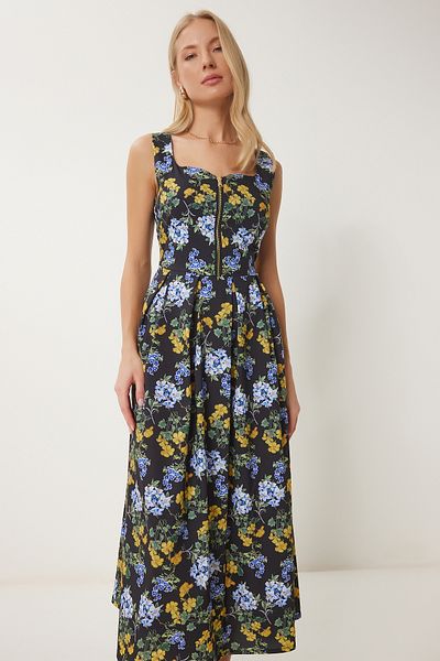 Happiness İstanbul Rochie midi din popelin cu fermoar cu imprimeu floral, negru, albastru, UB00352