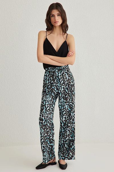 Trendyol Collection Blue Elastic Waist Wide Leg/Wide Leg Leopard Print Pants Twoss25Pl00005