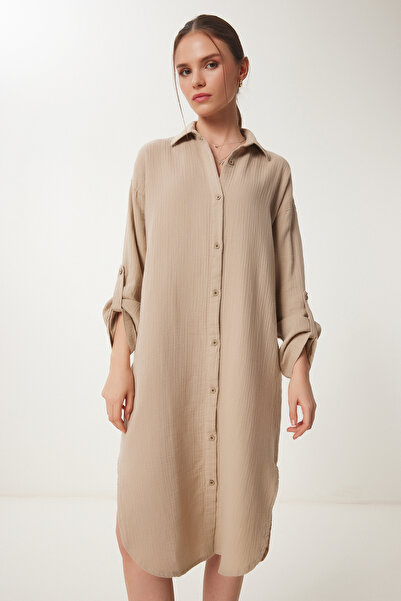 Happiness İstanbul Γυναικείο Μπεζ φόρεμα μουσελίνα Oversize SA00021