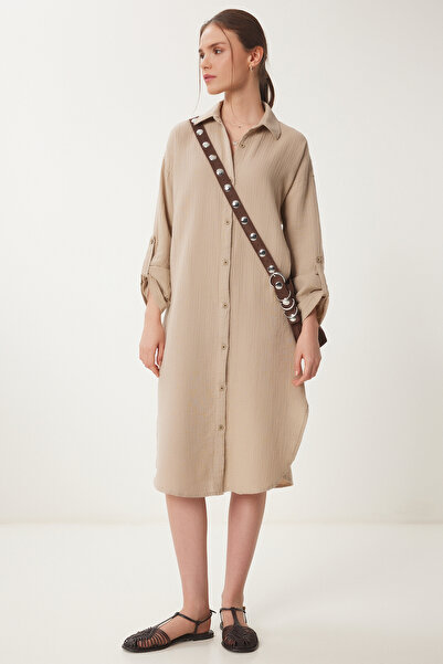 Happiness İstanbul Γυναικείο Μπεζ φόρεμα μουσελίνα Oversize SA00021