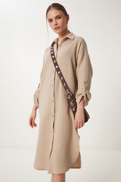 Happiness İstanbul Γυναικείο Μπεζ φόρεμα μουσελίνα Oversize SA00021
