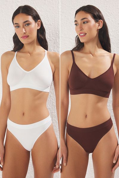 Trendyol Collection Ecru-Braun 2er-Pack nahtloser/nahtloser Tanga-Strickhöschen THMSS25KU00012