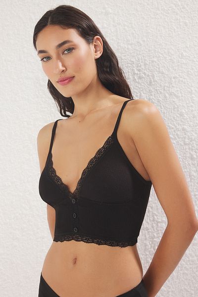 Trendyol Collection Schwarzer, geraffter, detaillierter, kappenloser Bralette-Strick-BH THMSS25SU00035