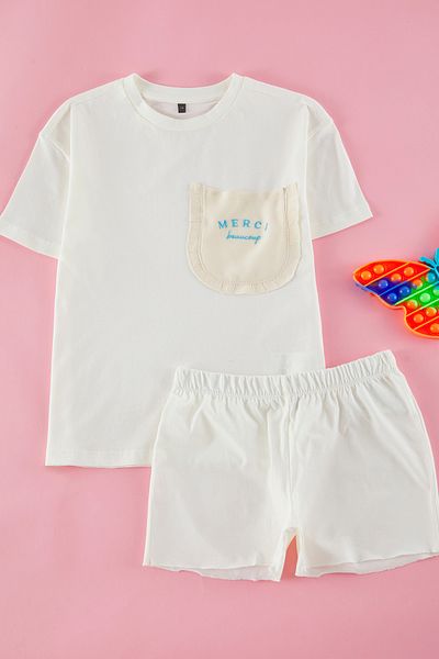 TRENDYOLKIDS Girl Ecru Cotton T-Shirt-Shorts Set Tkdss25Au00118