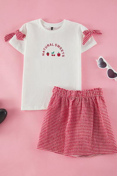 TRENDYOLKIDS Ecru Girl Cotton Gingham T-Shirt-Skirt Woven Bottom-Top Set Tkdss25Au00122
