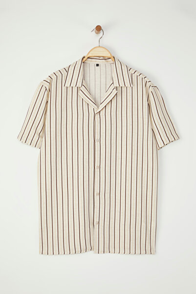 Trendyol Kollektion Ecru Oversize Fit Leinen-Mischung Shabby Flowing Hemd TMN...