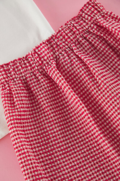 TRENDYOLKIDS Ecru Girl Cotton Gingham T-Shirt-Skirt Woven Bottom-Top Set Tkdss25Au00122
