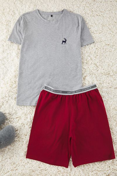 Trendyol Collection Γκρι μελανζ- Βουργουνδία Slim Fit Dowry Πλεκτή Πιτζάμα με Κεντητό Σορτς TMNSS25PT00070