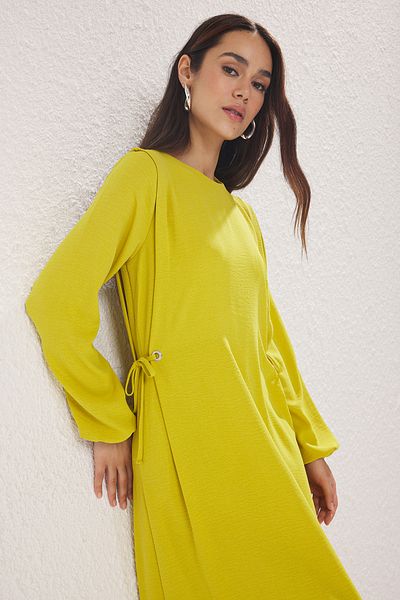 Trendyol Modest Oil Green Lace Detailed Elasticized Sleeve End Aerobin Woven Dress Tctss22Eb00104