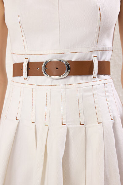 Trendyol Collection Ecru Belted V-Neck Pleated Mini Denim Dress Twoss25El00739