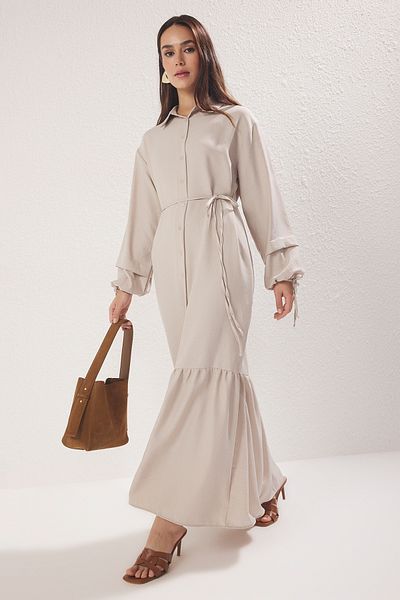 Trendyol Modest Ungefüttertes, einfarbiges, gewebtes Hijab-Kleid im Leinen-Look mit Steinbesatz TCTSS25EB00111