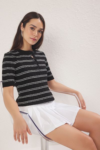 Trendyol Collection Black Short Sleeve Striped Knitwear Blouse Twoss25Bz00534