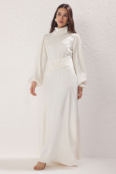 Trendyol Modest Ecru Braut Satin Hochzeit/Anlass Kleid TCTSS25DB00020