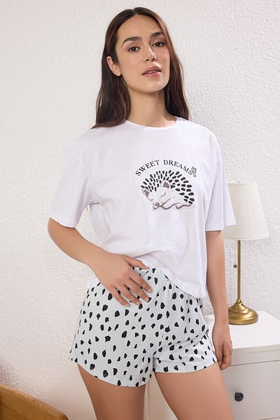 Trendyol Collection Λευκό 100% βαμβακερό σετ πιτζάμες με στάμπα ζώων THMSS25PT00408