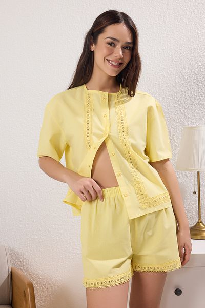 Trendyol Collection Yellow Plain Crown Poplin Shorts Woven Pajamas Set Thmss25Pt00256