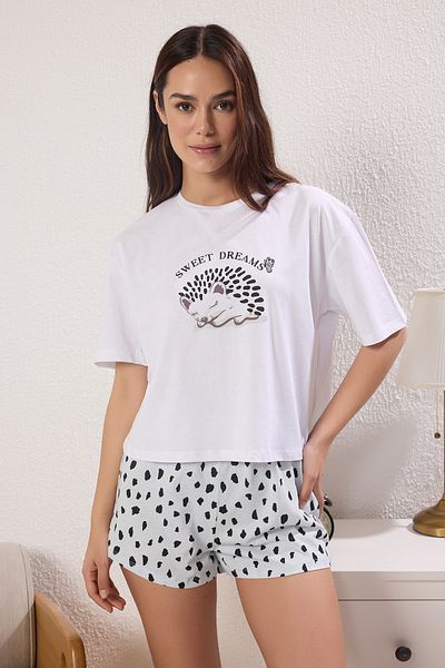 Trendyol Collection Λευκό 100% βαμβακερό σετ πιτζάμες με στάμπα ζώων THMSS25PT00408