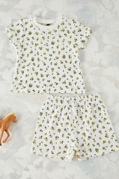 TRENDYOLKIDS Baby Girl Ecru Baumwolle Zitrone gedruckt gestrickt Bottom-Top Anzug