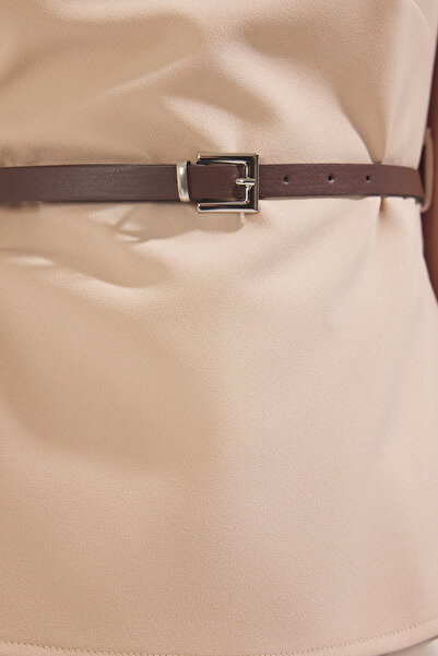 Trendyol Collection Beige Belted Crew Neck Slim Fit Woven Blouse Twoss25Bz00498