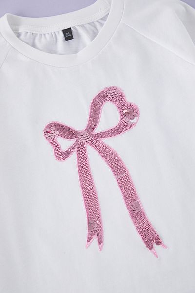 TRENDYOLKIDS White Girl 100% Cotton Ribbon Printed Short Sleeve Knitted T-Shirt Tkdss25Ts00093