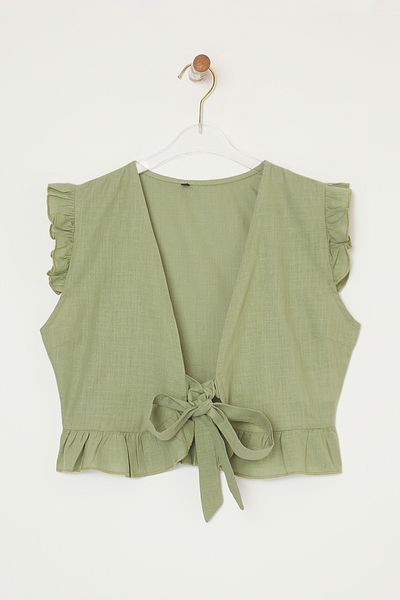 Edit by Trendyol Khaki šněrovací detailní lněná tkaná halenka TEDSS25BZ00005