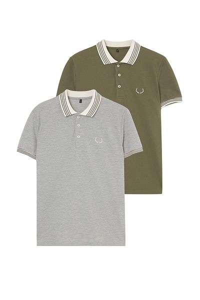 Trendyol Collection Šedá-khaki 2'li balení Slim/Skinny Fit Deer vyšívané 100% bavlněné tričko s polo výstřihem TMNSS24PO00031