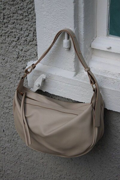 SHINELUC Women's Leather Shoulder Bag – Beige Oval Casual Model with Adjustab...