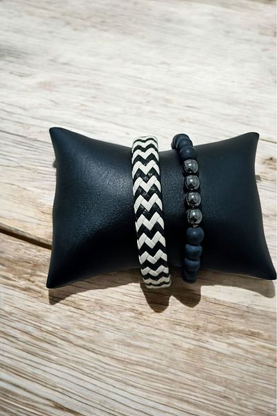 Birmem Modern Style Double Leather Bracelet Set - Black and White Patterned and Matte Black Beads