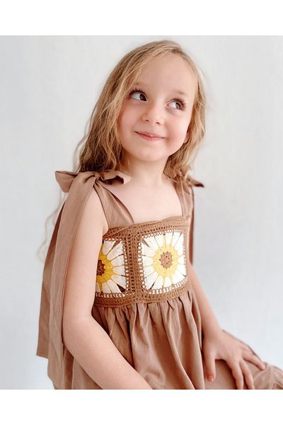 le petit sole Girl's Hand Knitted Detailed Linen Dress