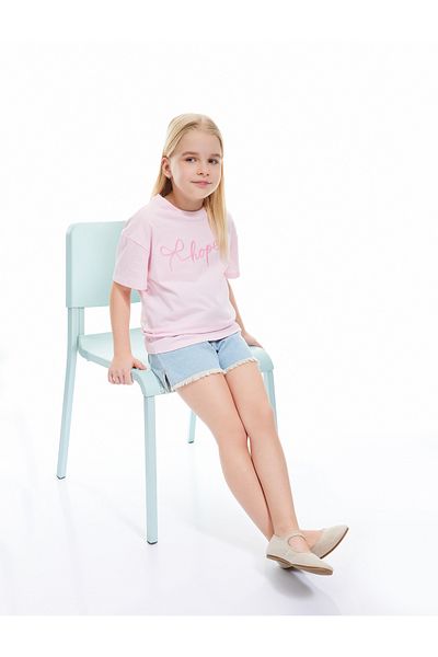 Koton Cotton Crew Neck Embroidered Short Sleeve Crop T-Shirt