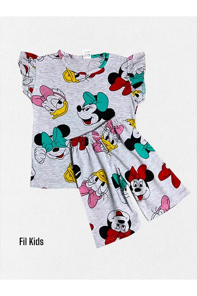 Fil Kids Girl's 100% Cotton Gray Duffy Duck Pattern Short Sleeve Ruffle Shorts Summer Pajamas Set