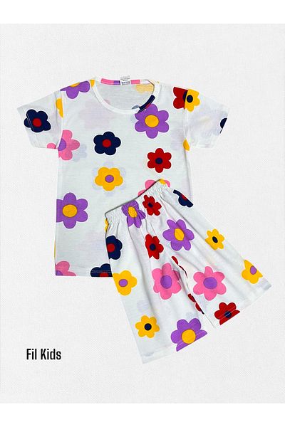 Fil Kids Set de pijamale de vară pentru fete, 100% bumbac, cu mâneci scurte, cu modele de flori albe, cu pantaloni scurți cu volane