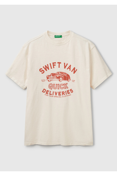 United Colors of Benetton Men's Beige-Burgundy Cotton Frayed Effect Front Relax Fit T-Shirt