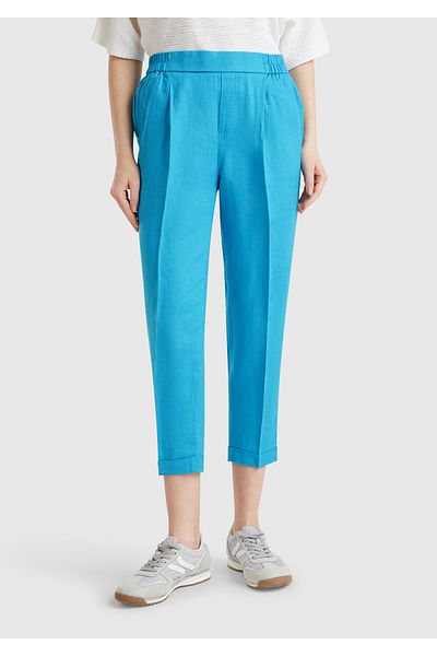 United Colors of Benetton Women's Blue 100% Linen Elastic Waist Trousers