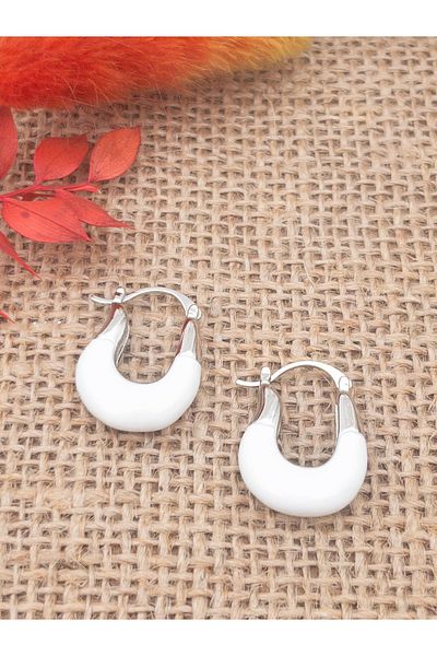 Siya Silver U Model Silver Colored Steel Earrings with White Enamel