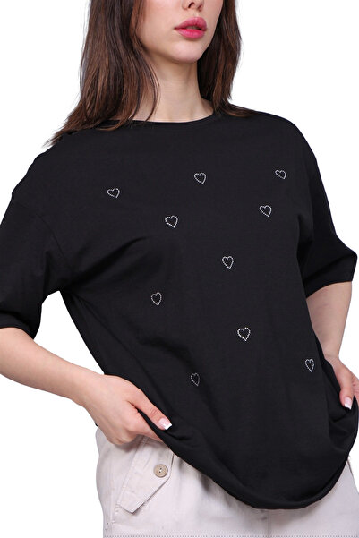 Caddebostan Moda تي شيرت نسائي أسود فضفاض بقصة كبيرة الحجم ومطبوع على شكل قلب...