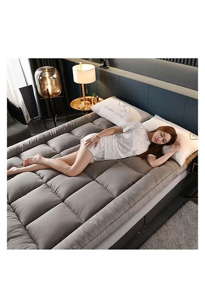 Comfy Cotton Hotel Quality 200 X 200 X 10 Cm Grey Stripe Fiber Filled Mattress Topper