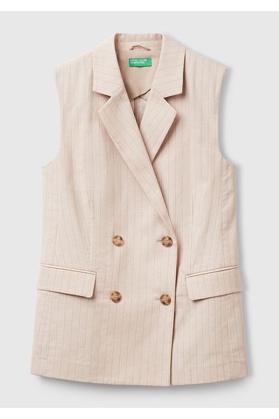 United Colors of Benetton Women's Beige Cotton and Linen Blended Thin Striped Pocket Double Breasted Vest