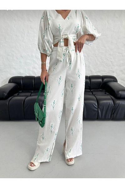 fujya Women's Bone Embroidery Printed Linen Set