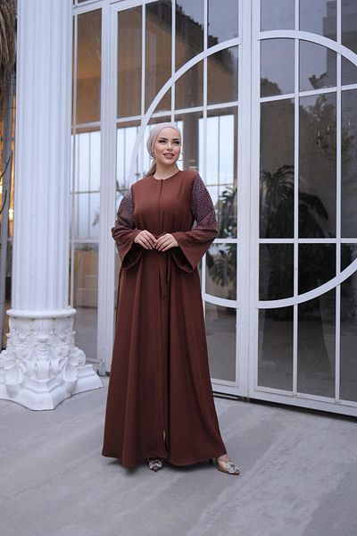 Nissra Кафява абая Ankanoor с ръкави с камъни Anka255048
