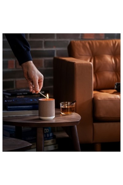IKEA SILKESTRÄD Scented Candle, Leather & Vanilla – Brown Ceramic Jar, Cozy & Luxurious Fragrance,